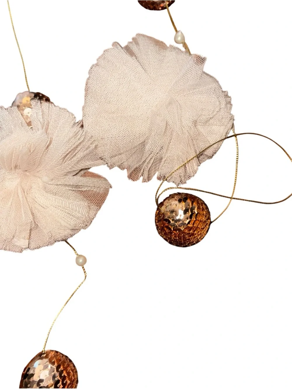 Neutral Pom-Pom Garland with Gold Beads - Home Holiday Decor 10pcs